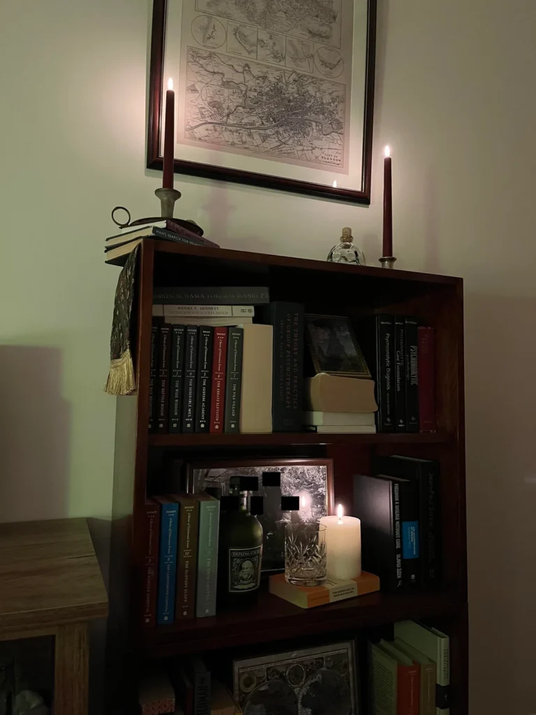 candles on bookshelves dark academia