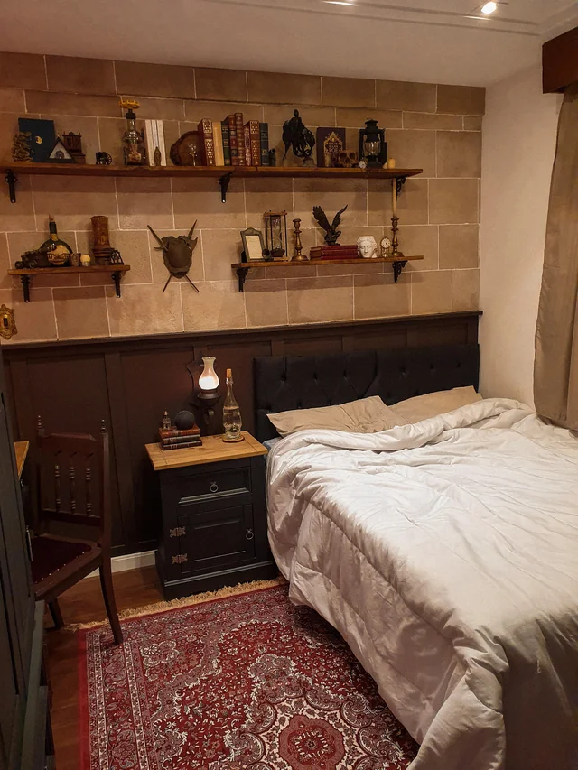 vintage leather dark academia bedroom