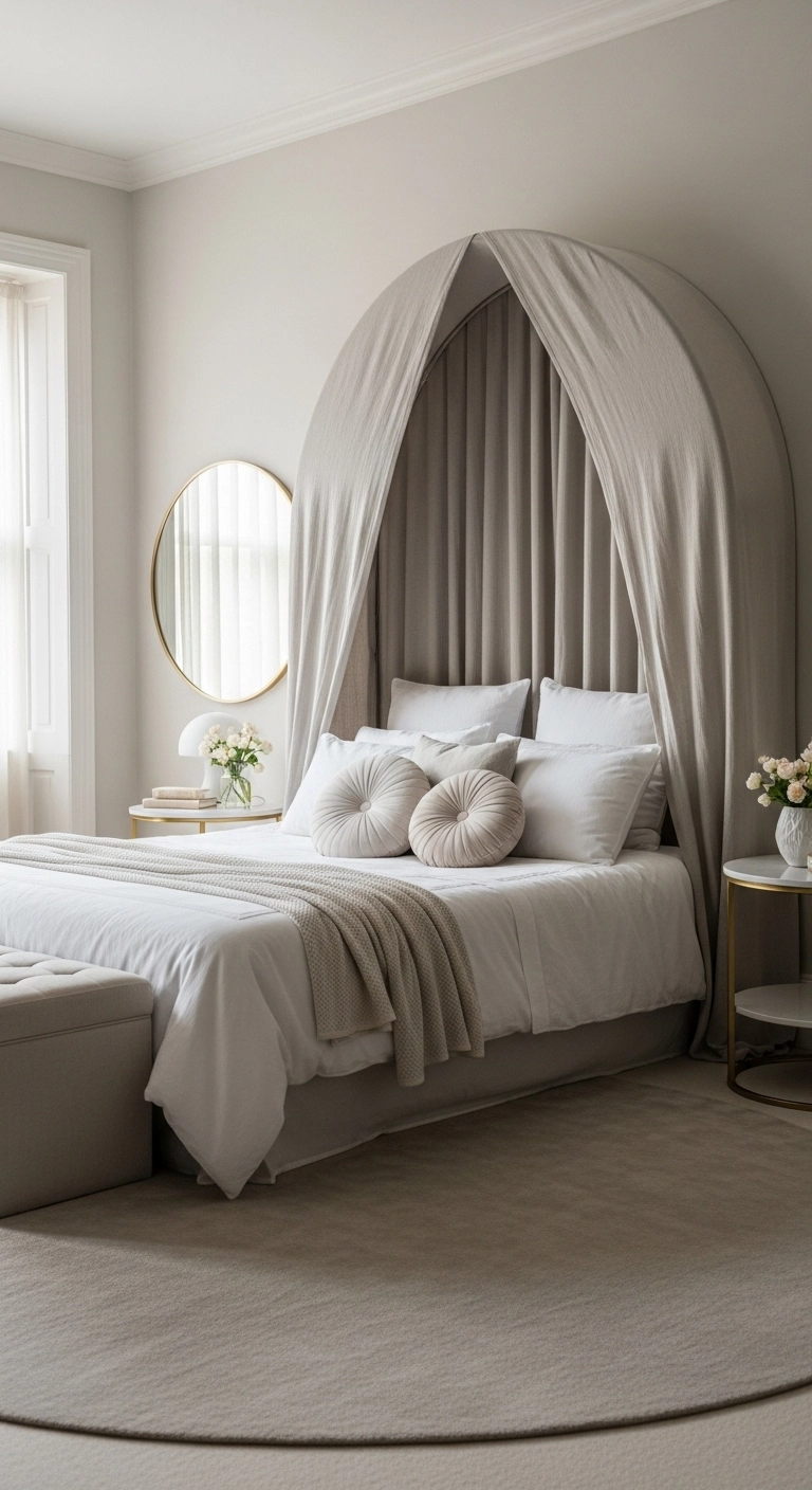 Curtain headboard ideas with an arched fabric backdrop behind the bed