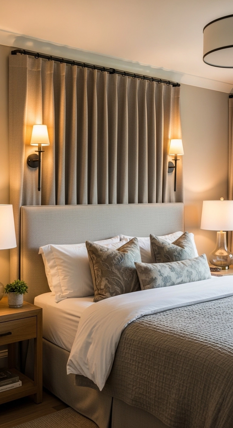Curtain headboard ideas framed by wall sconces in a stylish bedroom