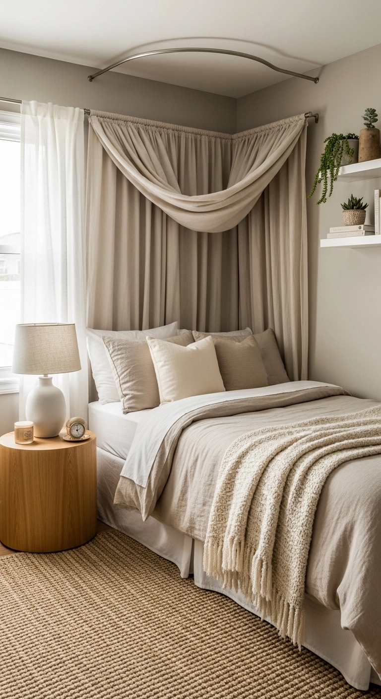 Curtain headboard ideas for a corner bed in an awkward small room layout