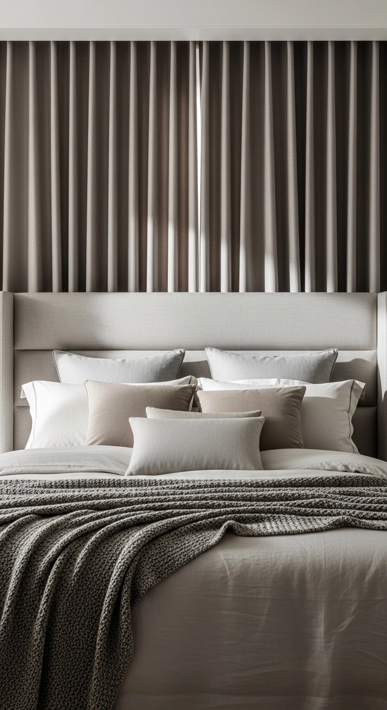 Curtain headboard ideas paired with a slim padded wall panel