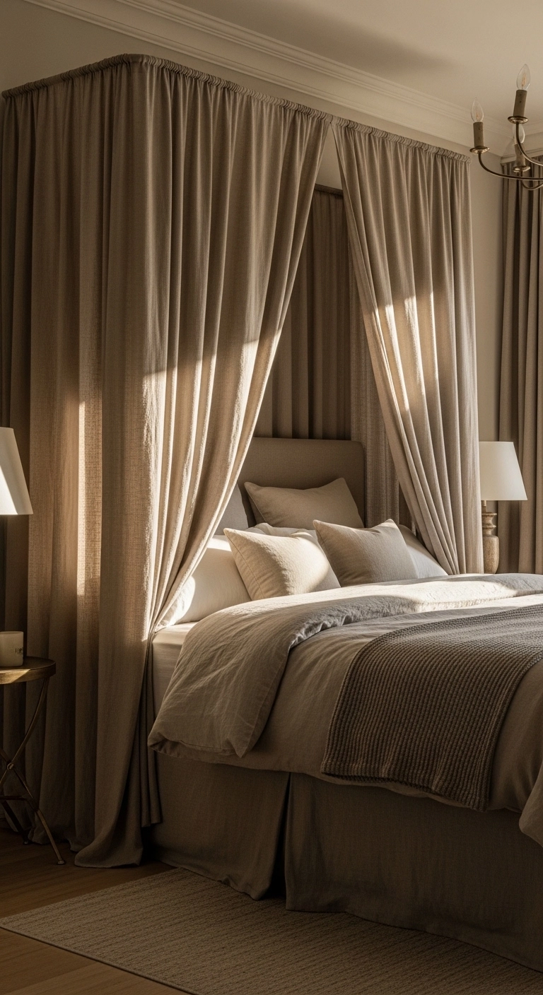 Curtain headboard ideas with floor-puddled linen for a romantic bedroom look