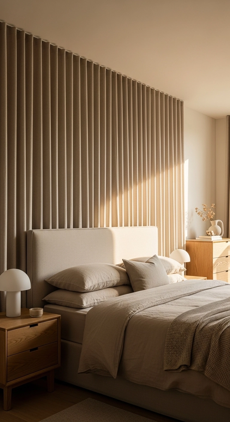 Curtain headboard ideas with a full-width linen panel behind a modern bed