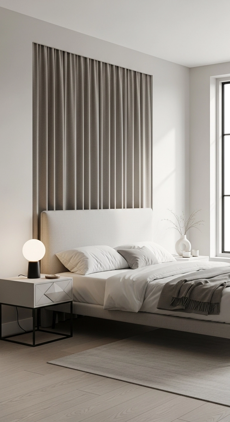 Curtain headboard ideas with hidden rod styling in a minimalist bedroom