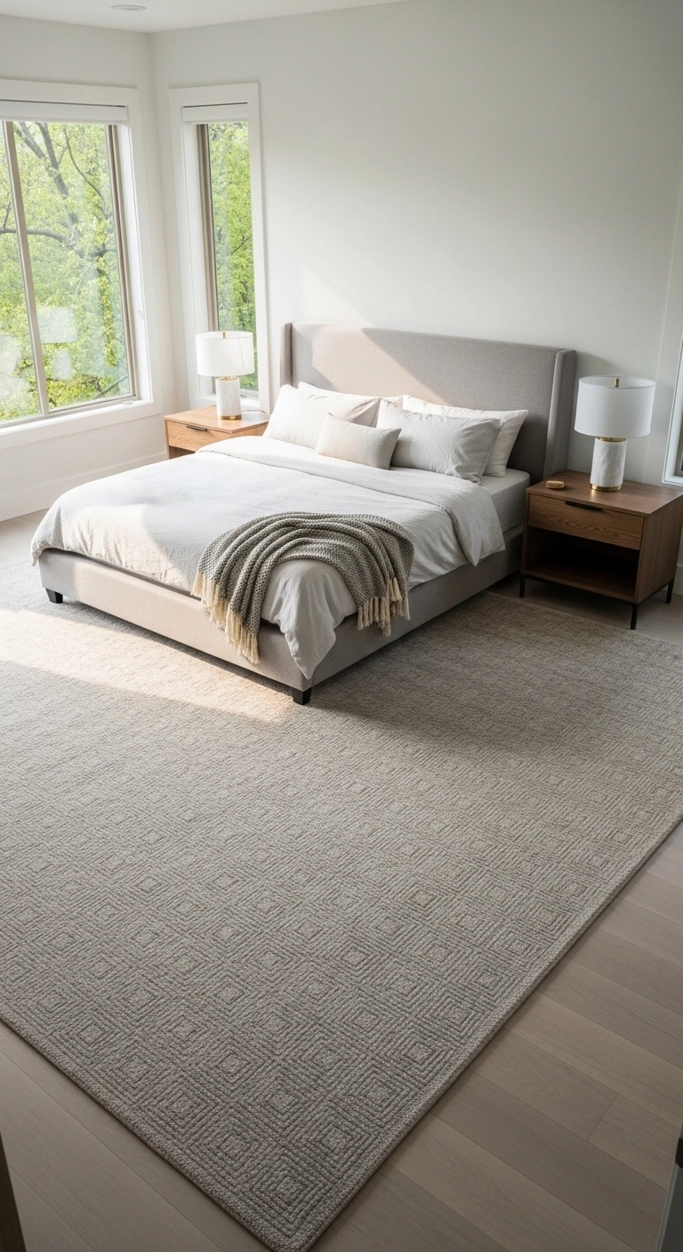 bedroom rug ideas with a large area rug under the bed