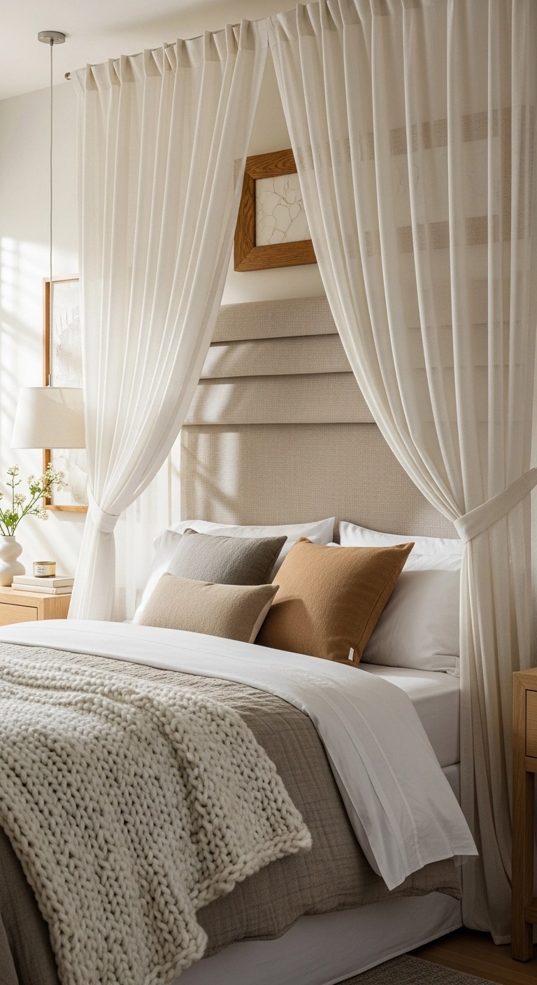 Curtain headboard ideas with layered sheer and blackout curtains behind the bed