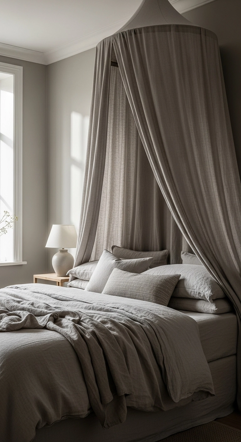 Curtain headboard ideas with a light canopy-style fabric headboard