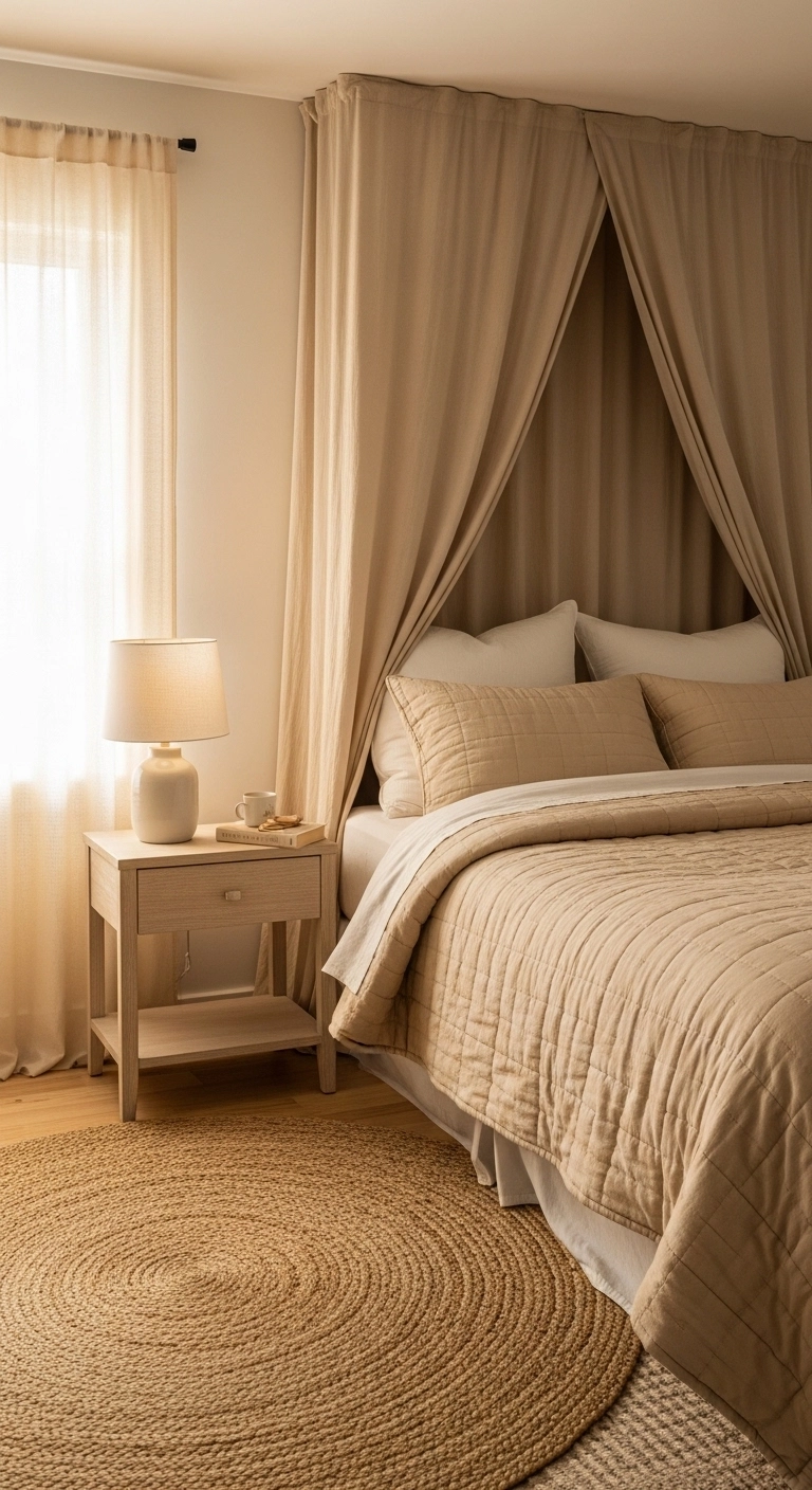 Curtain headboard ideas with neutral cotton fabric in a cozy everyday bedroom