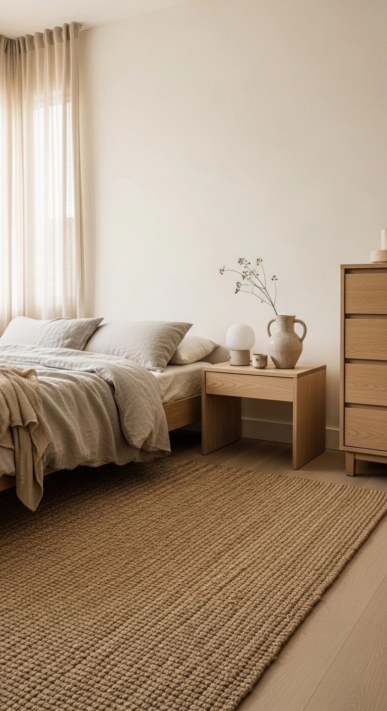 bedroom rug ideas with a neutral textured rug