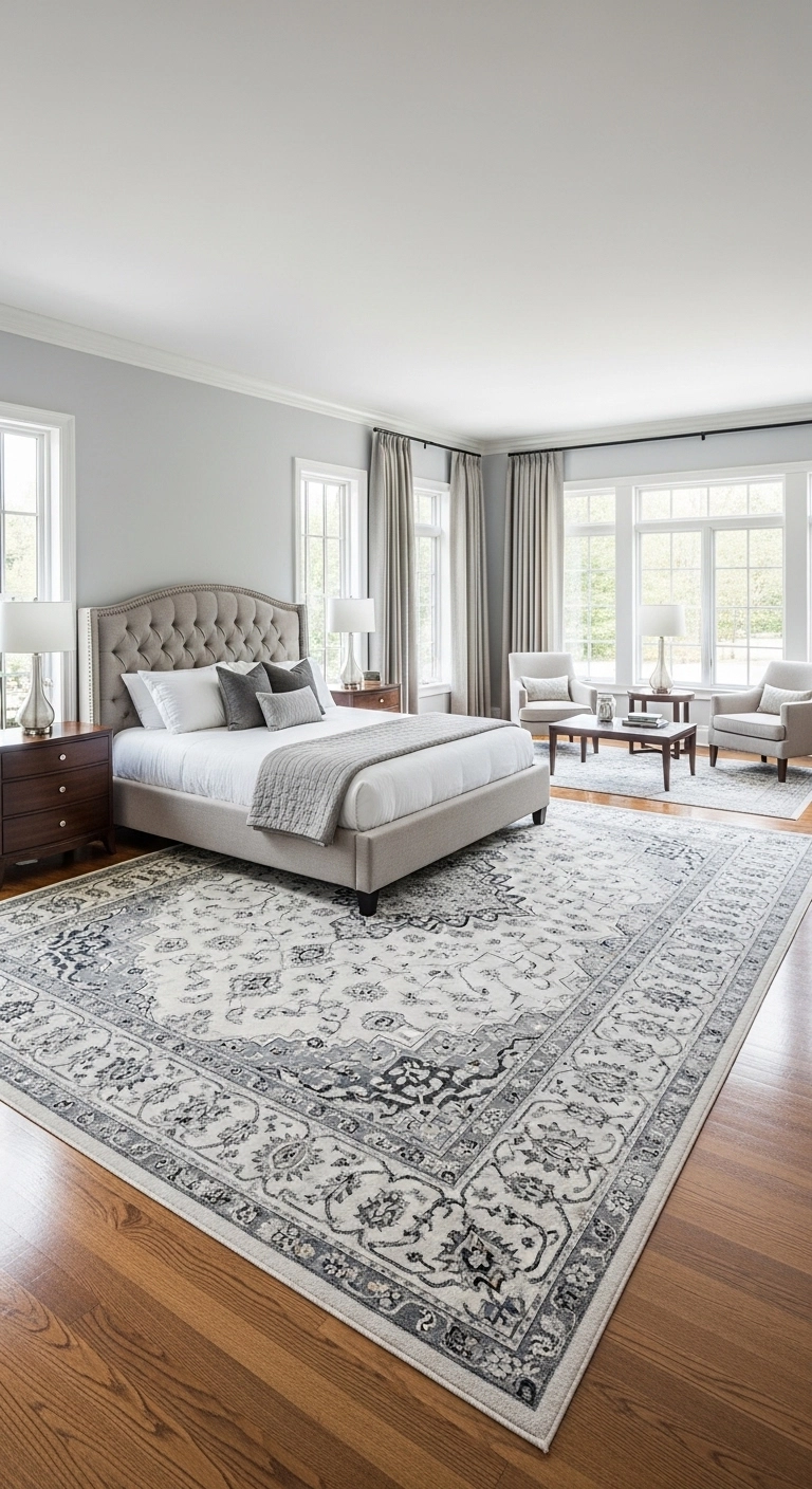 bedroom rug ideas with an oversized rug in a large room