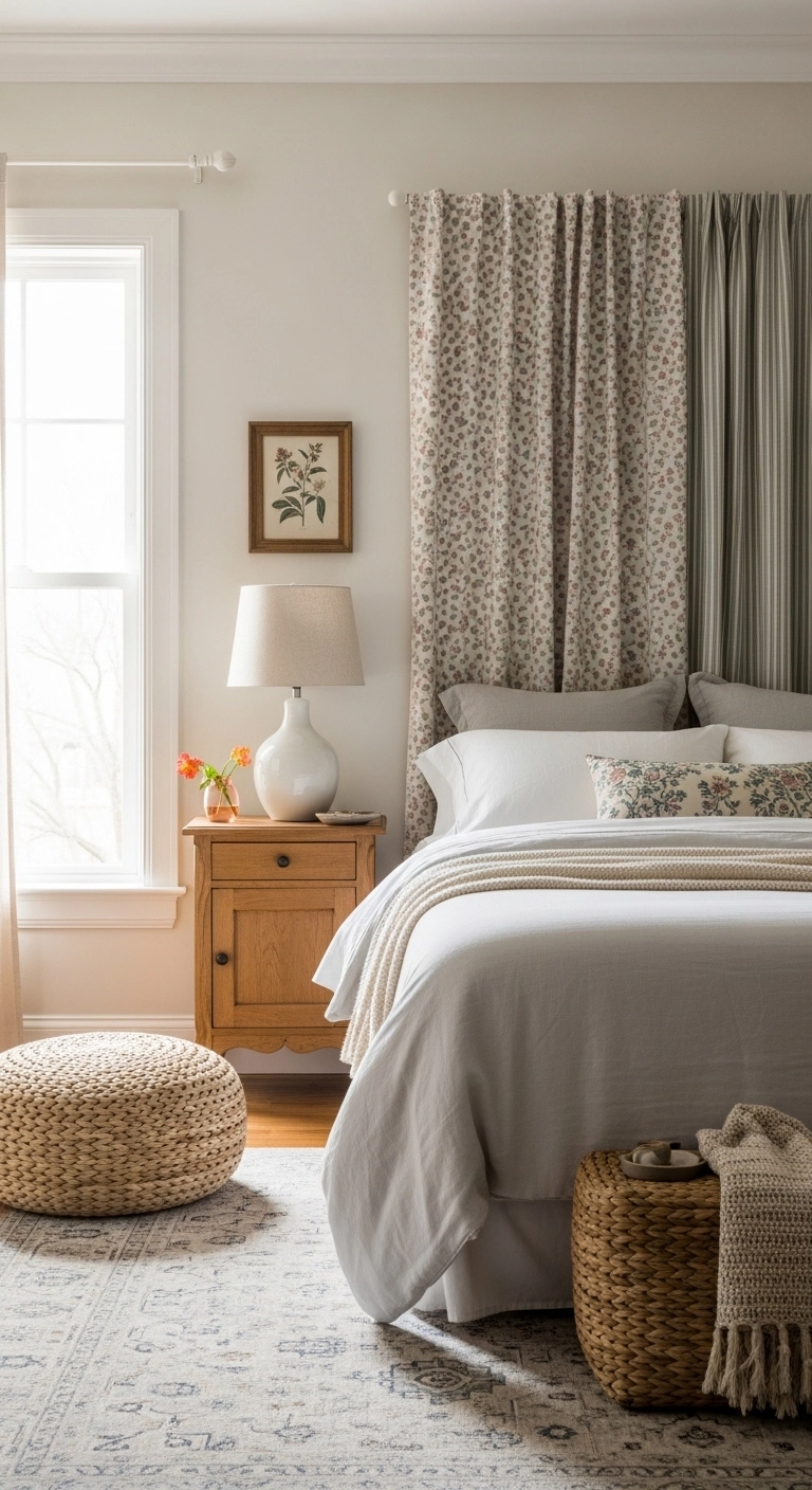 Curtain headboard ideas with a subtle patterned fabric for a soft statement