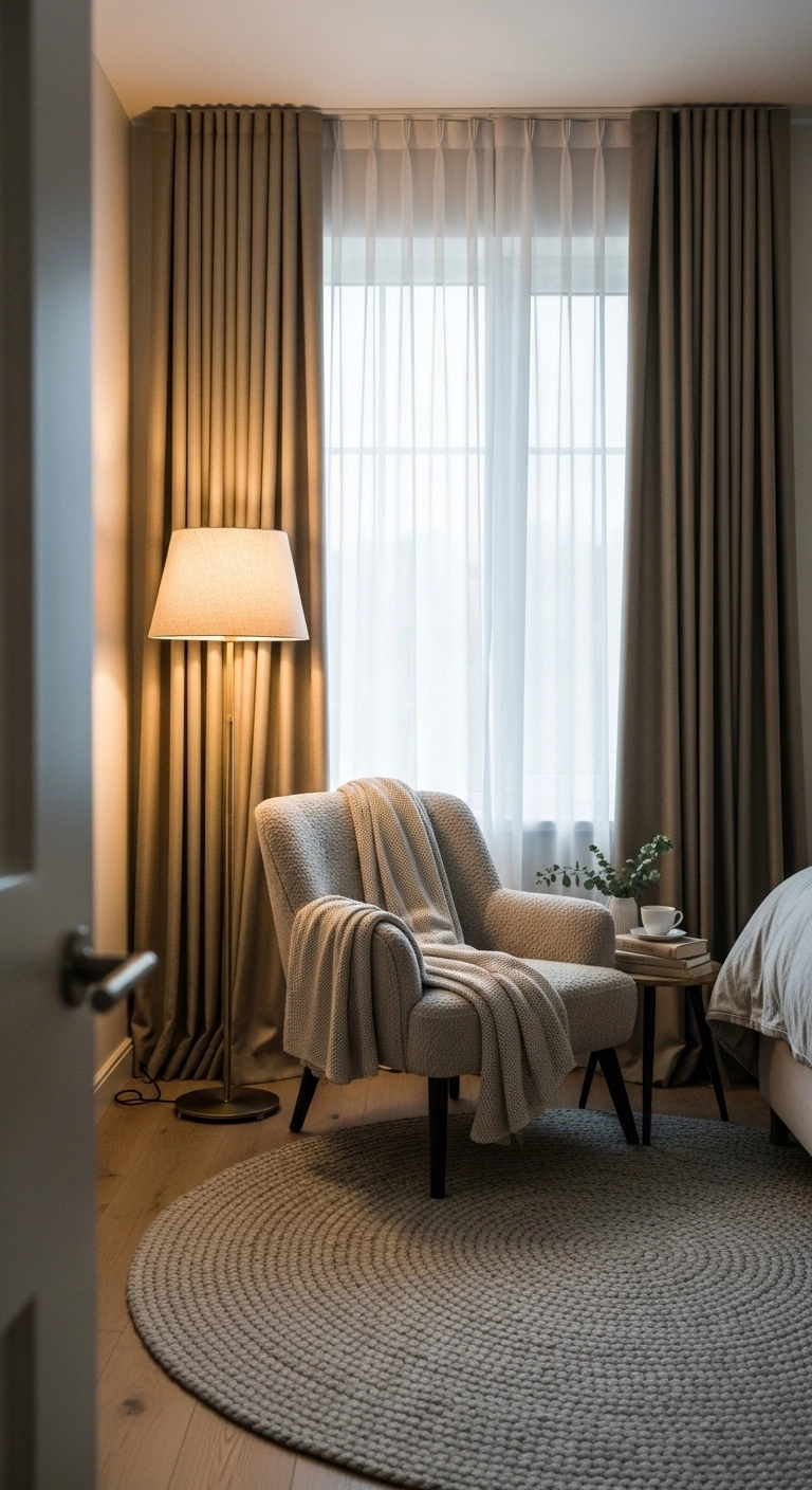 bedroom rug ideas with a round rug in a reading corner