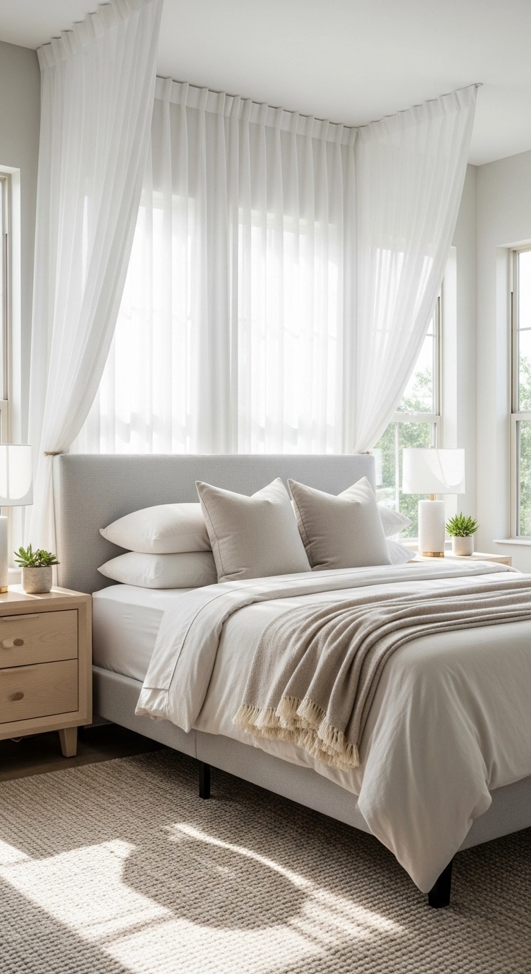 Curtain headboard ideas with ceiling-mounted sheer curtains in a soft neutral bedroom