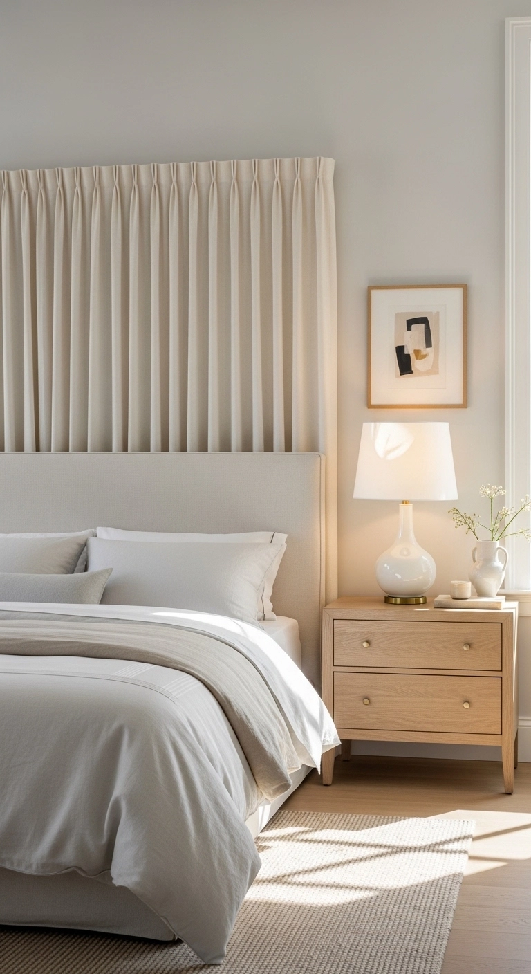 Curtain headboard ideas with soft pleated fabric in a refined bedroom