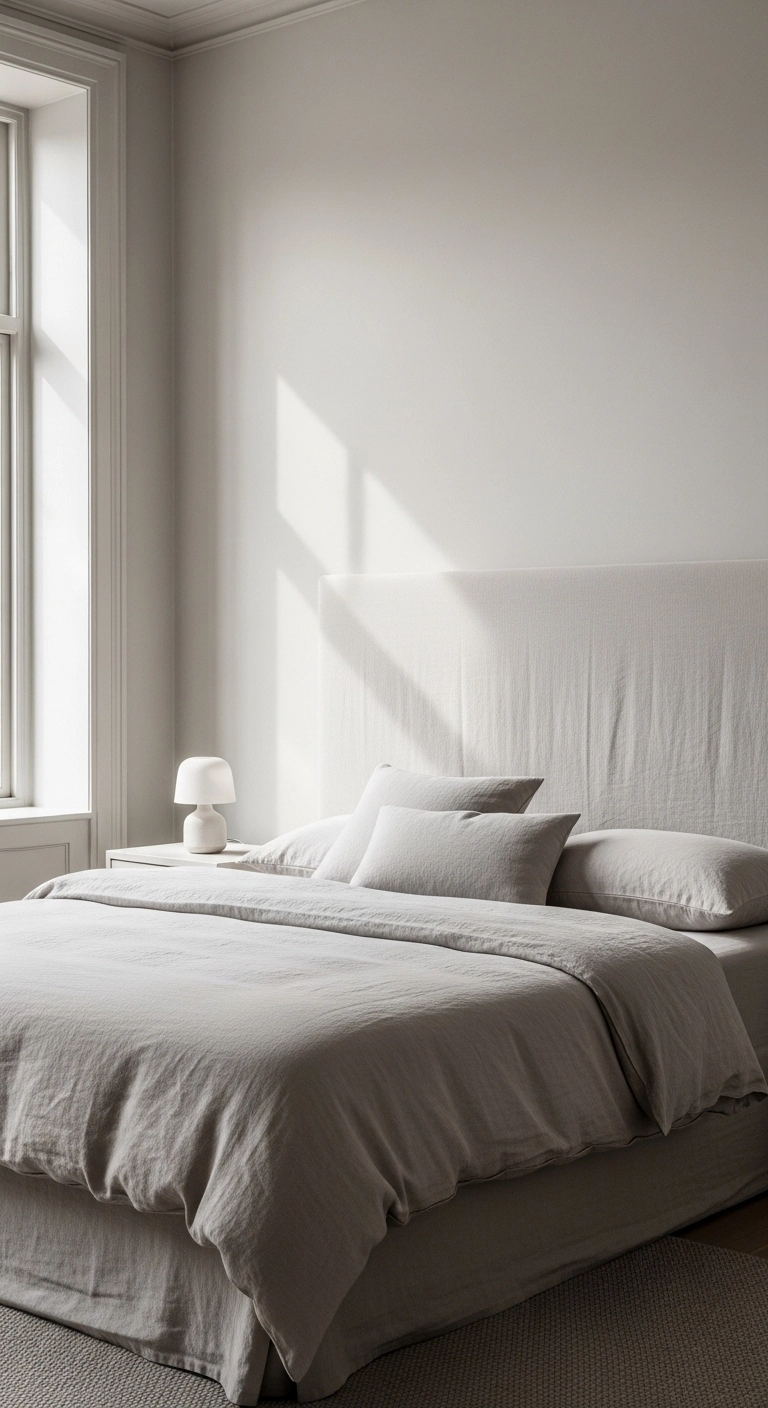 Curtain headboard ideas in a calm tone-on-tone neutral bedroom