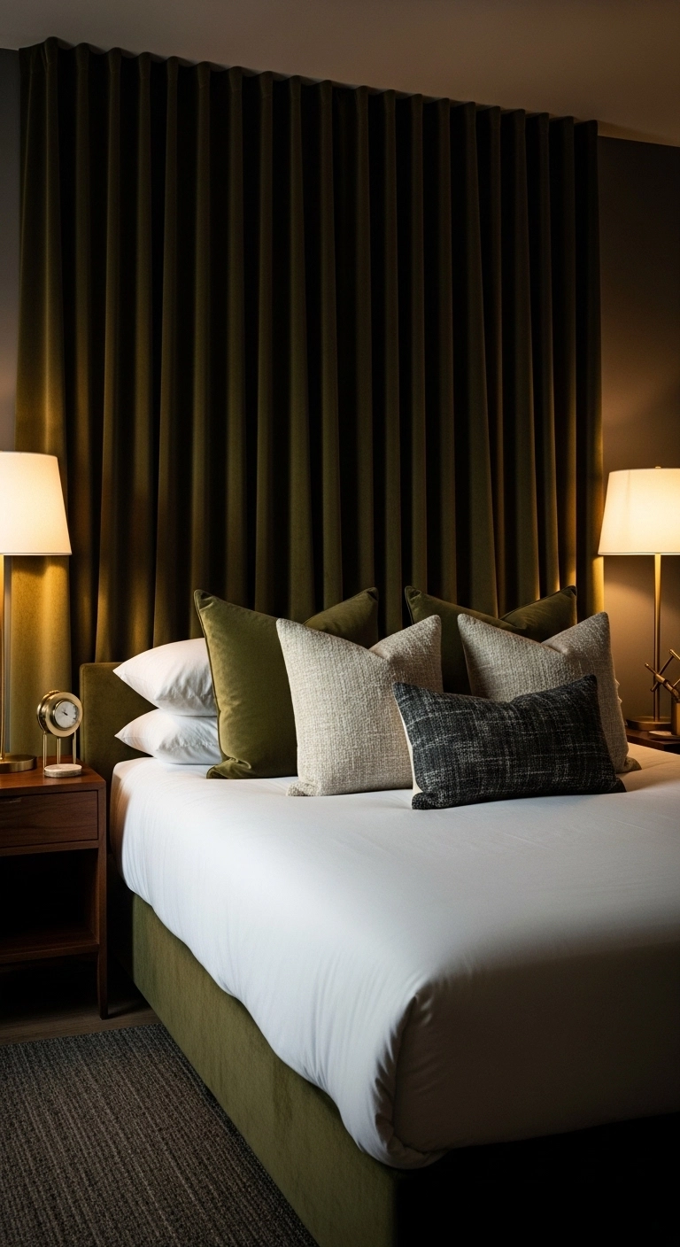 Curtain headboard ideas using deep velvet fabric for a rich chic bedroom