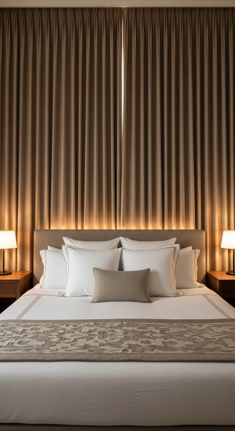 Curtain headboard ideas with a wall-to-wall fabric backdrop and hotel-style bed