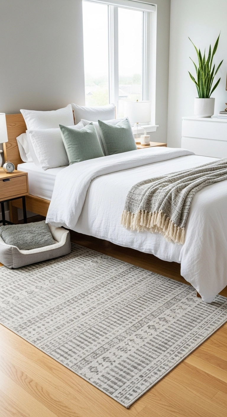 bedroom rug ideas with a washable rug in a modern bedroom