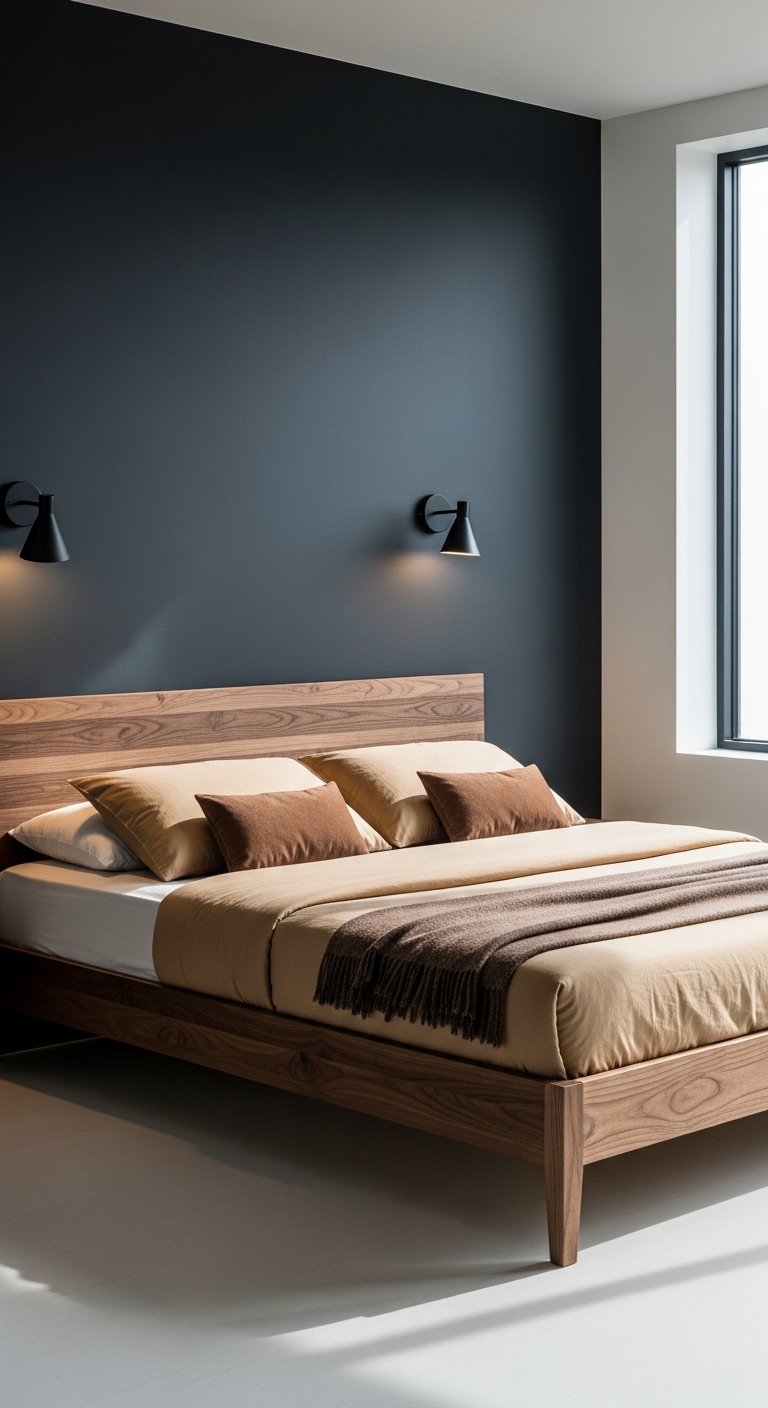 Brown bedroom ideas with black accents, walnut bed, and modern styling