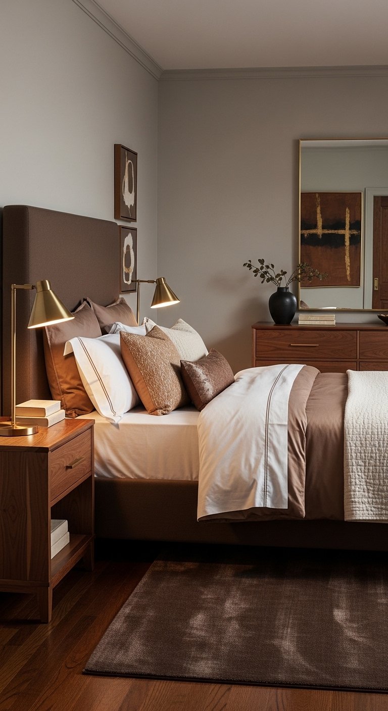 Brown bedroom ideas with brass lighting and rich walnut details