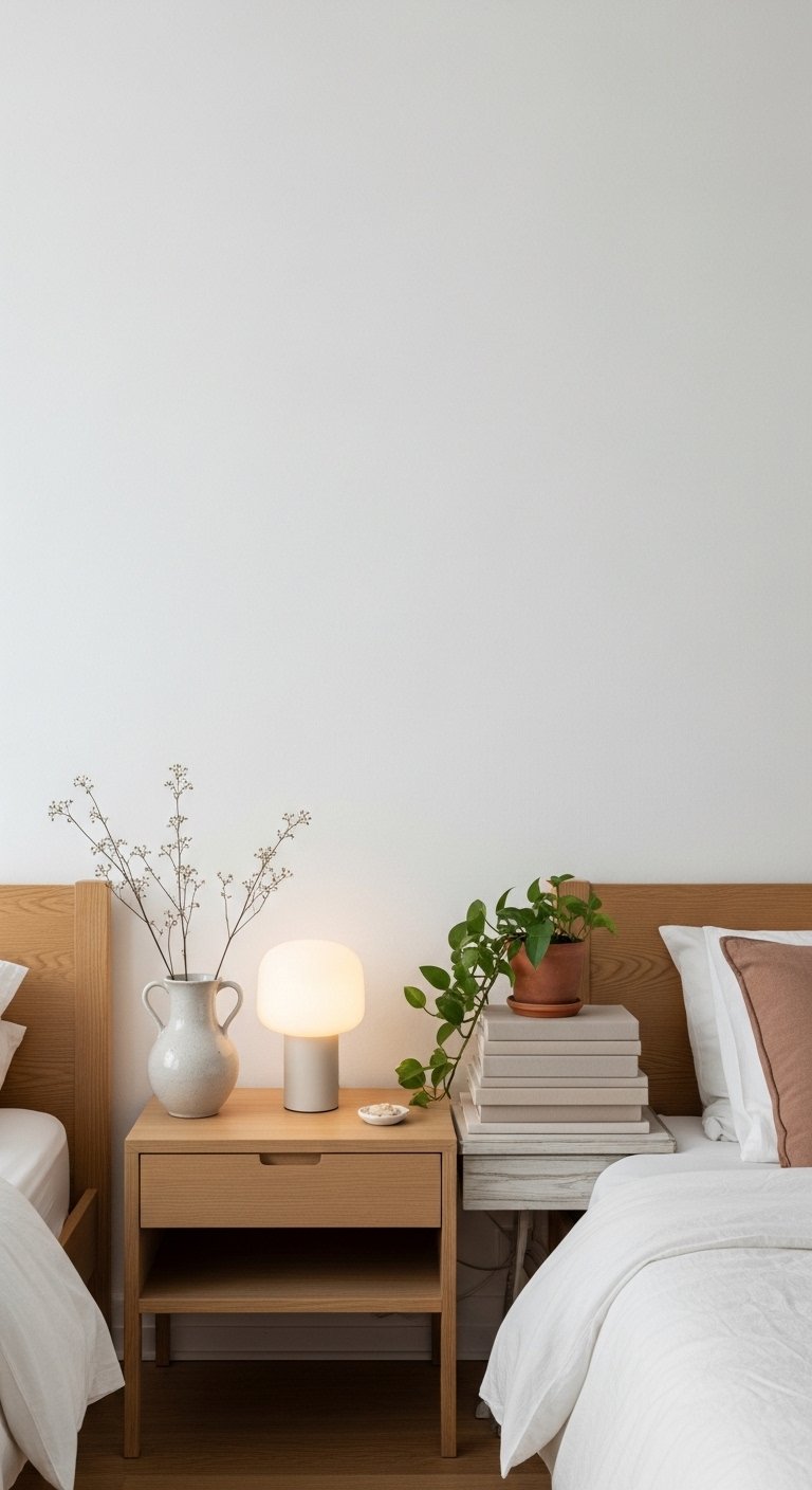 Brown bedroom ideas with cream walls, brown bed, and soft neutral decor