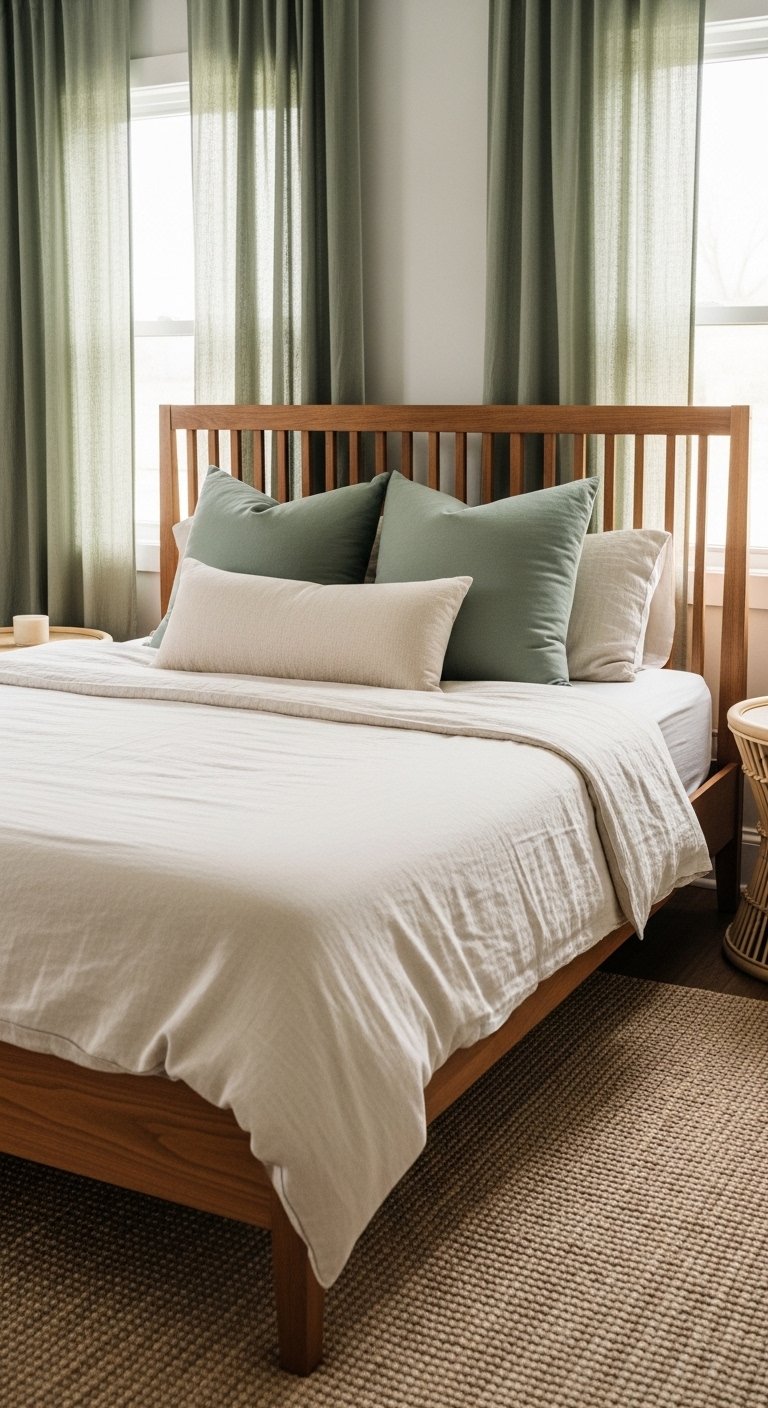 Brown bedroom ideas with sage green accents and earthy wood furniture