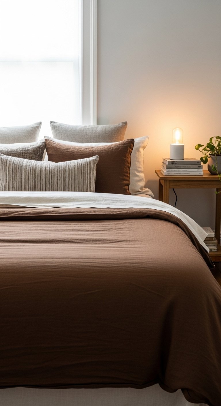 Brown bedroom ideas with chocolate bedding and soft textured layers