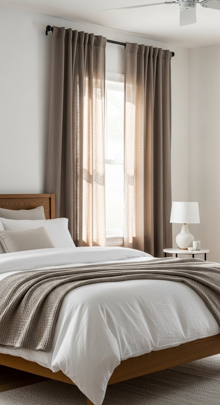 Brown bedroom ideas with taupe curtains and bright modern bedroom decor