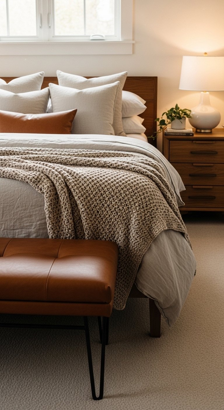 Brown bedroom ideas with cognac leather bench and cozy neutral bedding