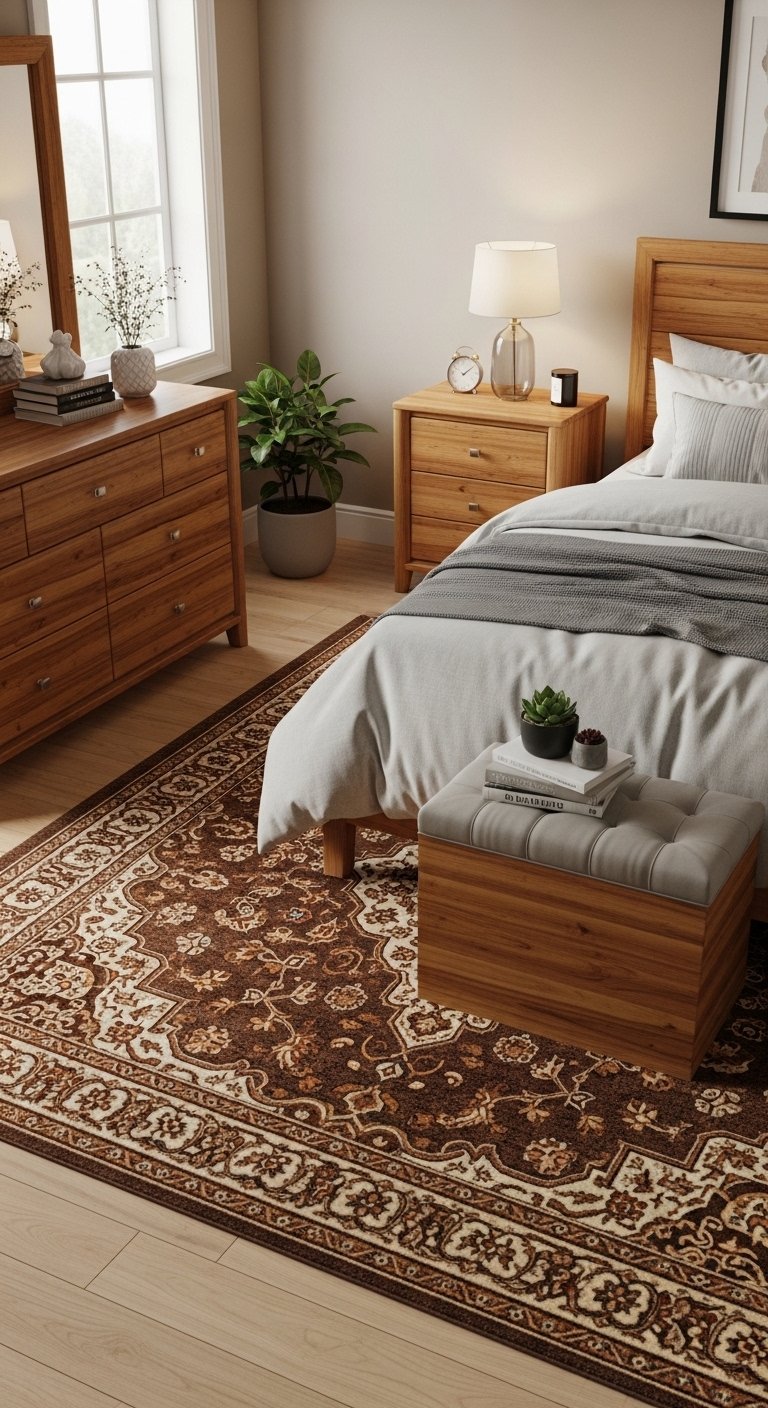 Brown bedroom ideas with patterned brown rug and warm wood furniture