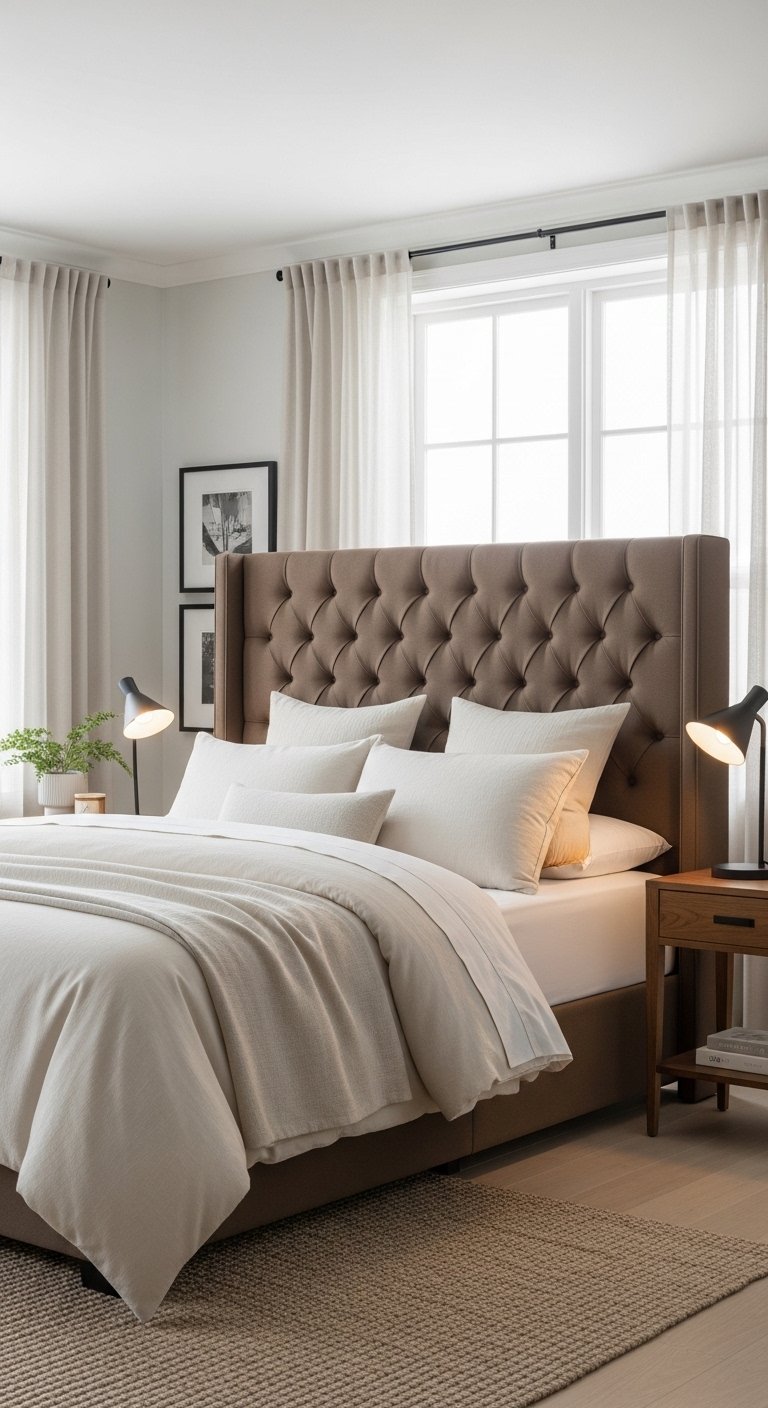 Brown bedroom ideas with a brown upholstered headboard and cream bedding