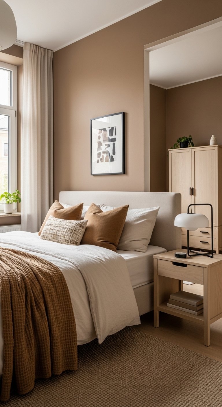 Brown bedroom ideas with camel throw, tan pillows, and light neutral decor
