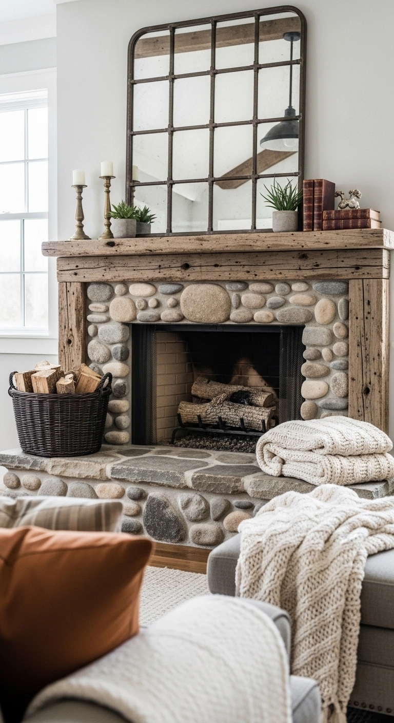 Modern farmhouse fireplace ideas with stone hearth