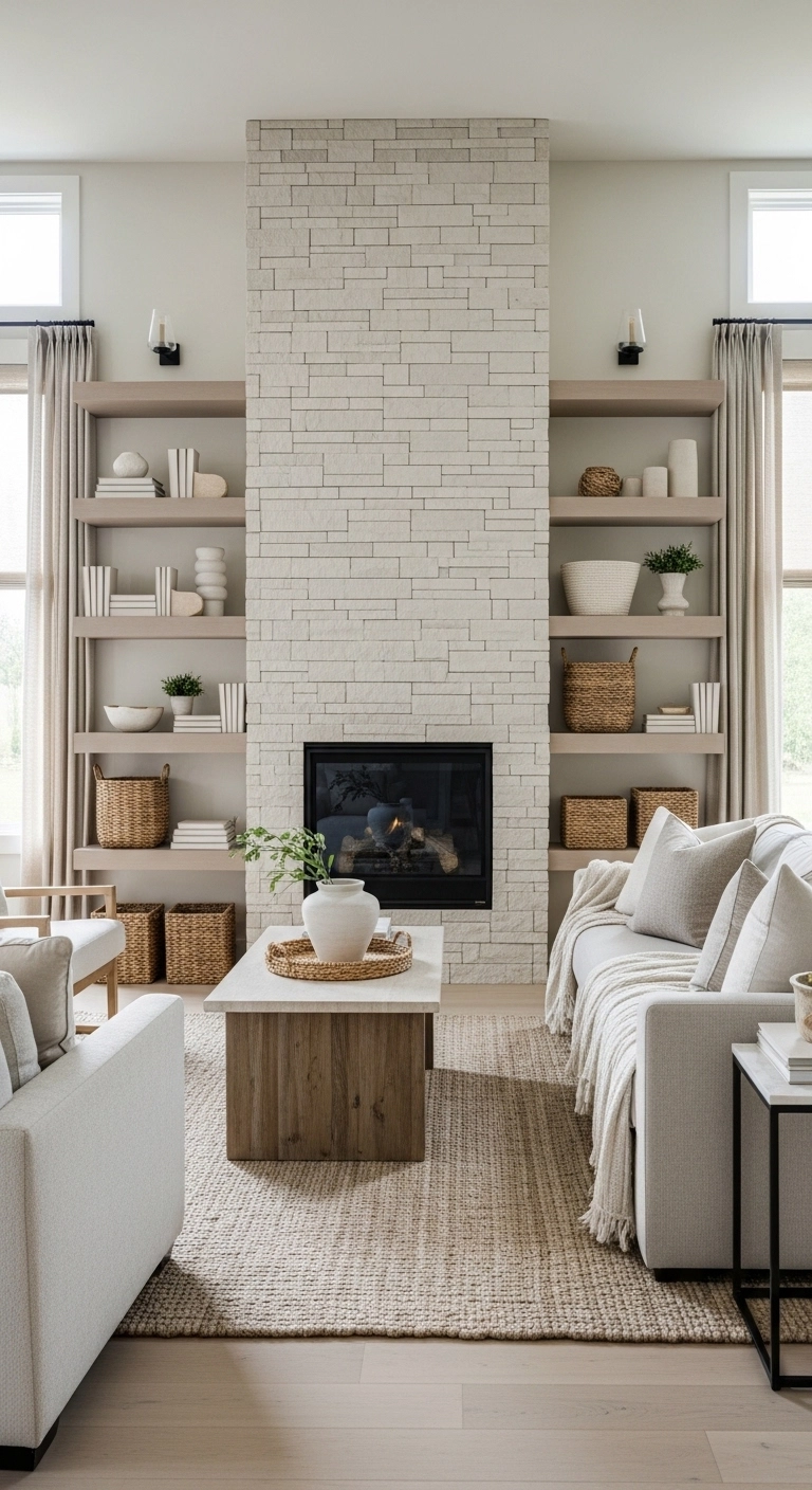 Modern farmhouse fireplace ideas with built-in shelves