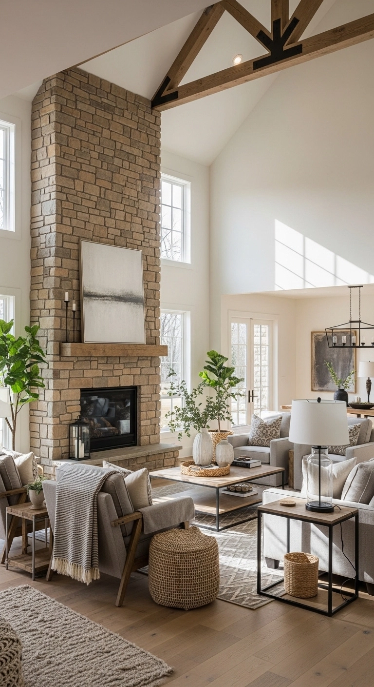 Modern farmhouse fireplace ideas with full stone fireplace wall