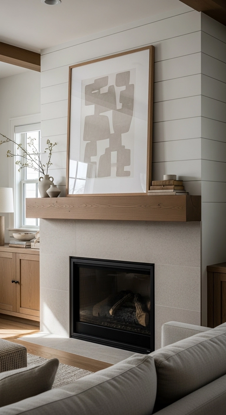 Modern farmhouse fireplace ideas with large mantel art