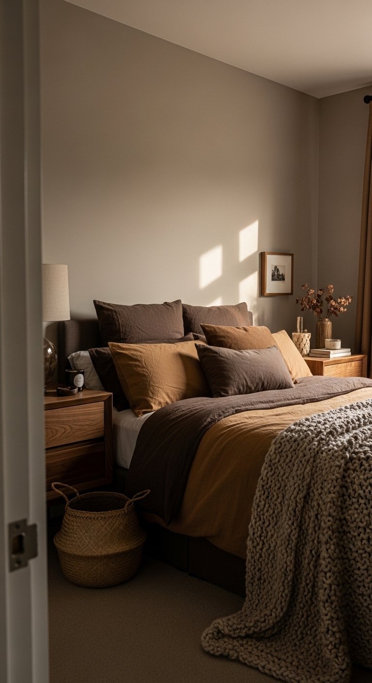 Brown bedroom ideas with layered brown tones, walnut furniture, and cozy bedding