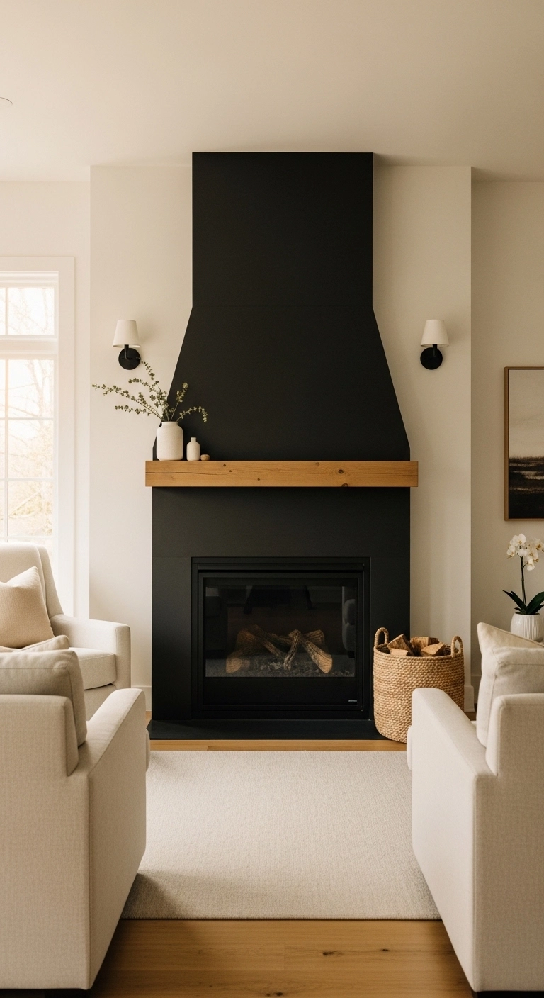Modern farmhouse fireplace ideas with matte black fireplace