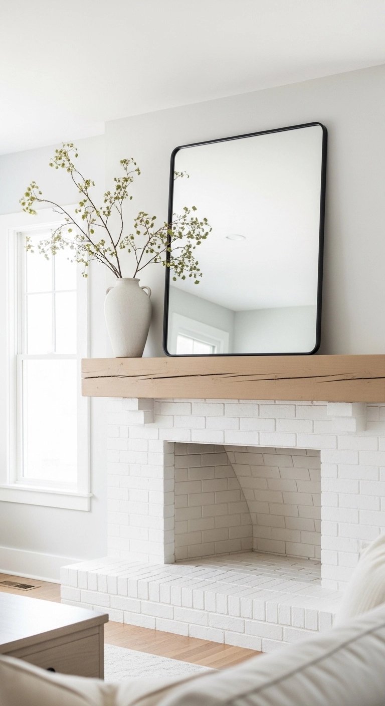 Modern farmhouse fireplace ideas with minimal mantel decor