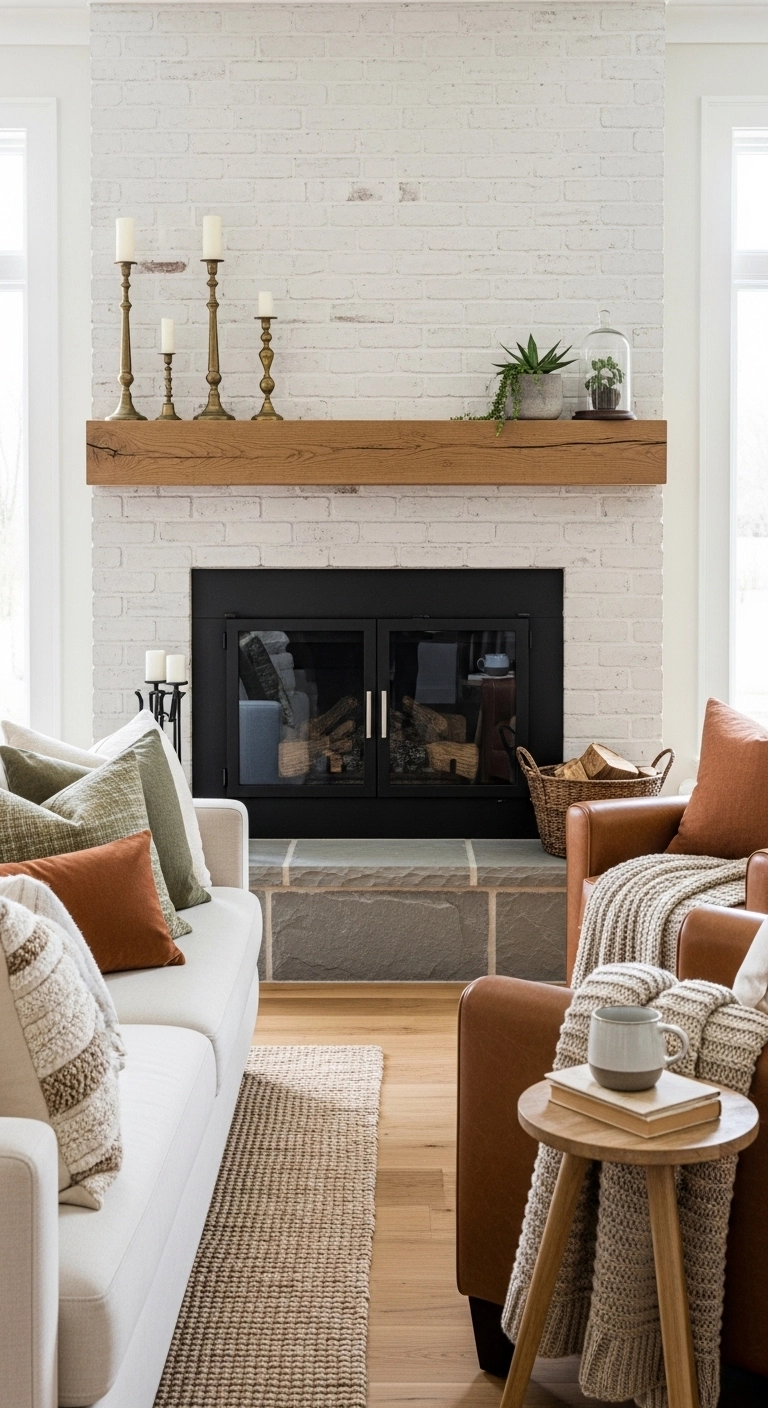Modern farmhouse fireplace ideas with mixed materials