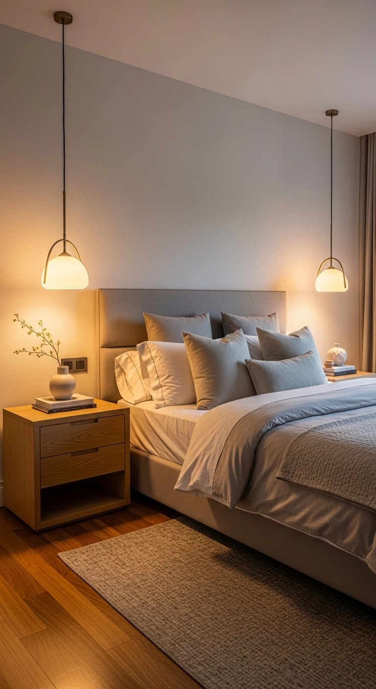 bedroom lighting ideas using pendant lights beside a modern cozy bed