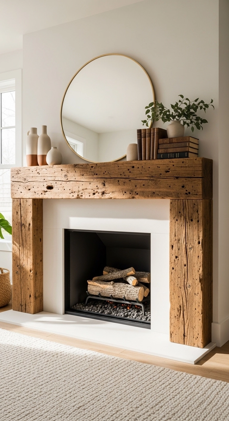 Modern farmhouse fireplace ideas with reclaimed wood mantel