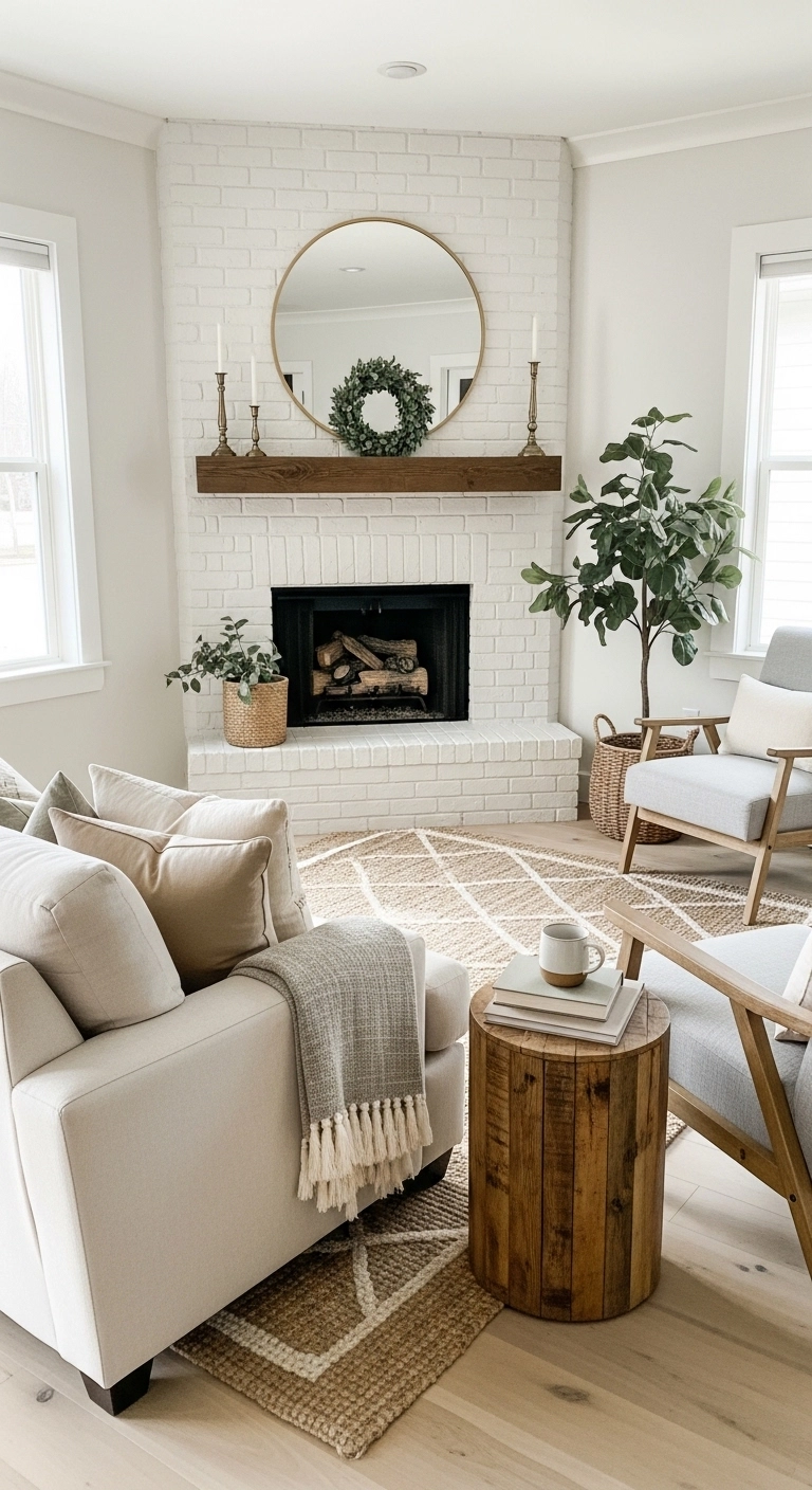 Modern farmhouse fireplace ideas with corner fireplace