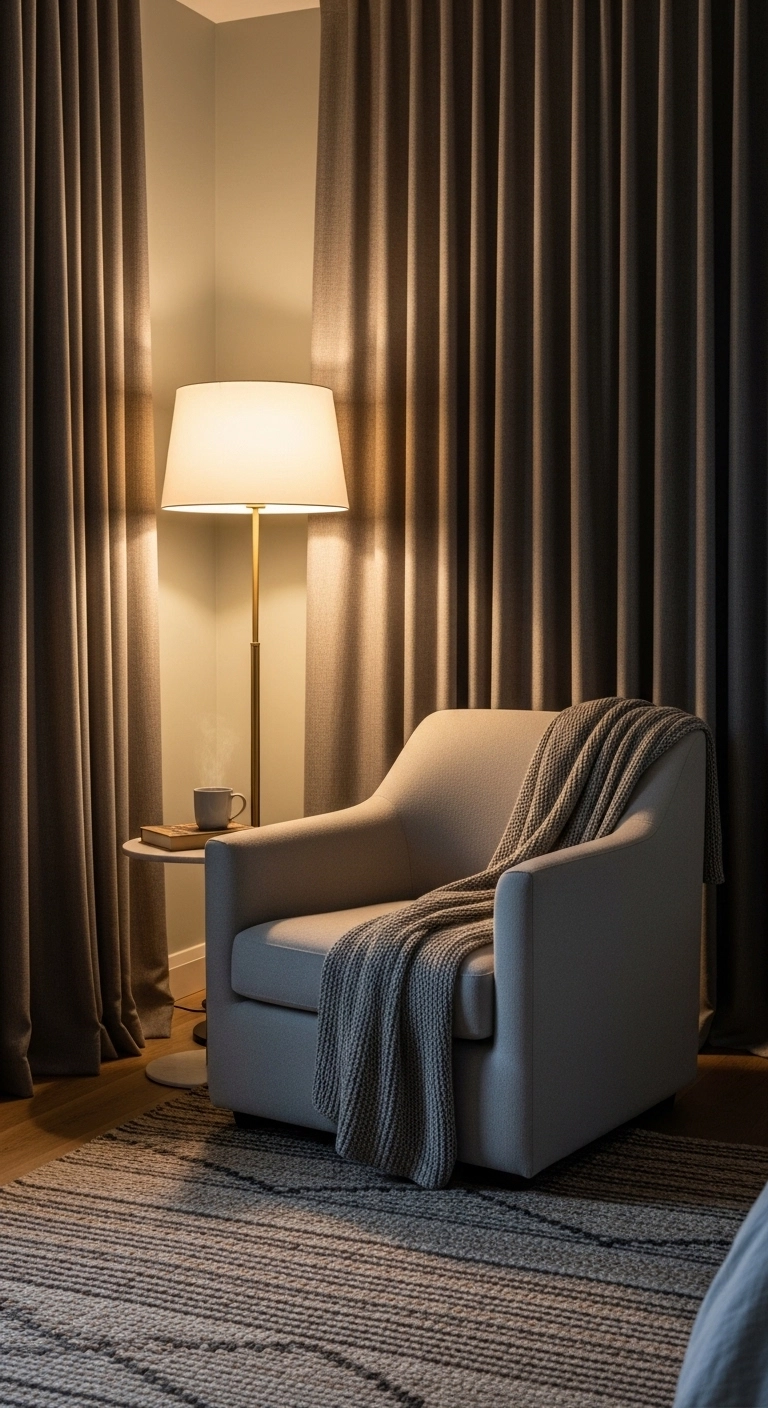 bedroom lighting ideas with a floor lamp creating a warm corner glow