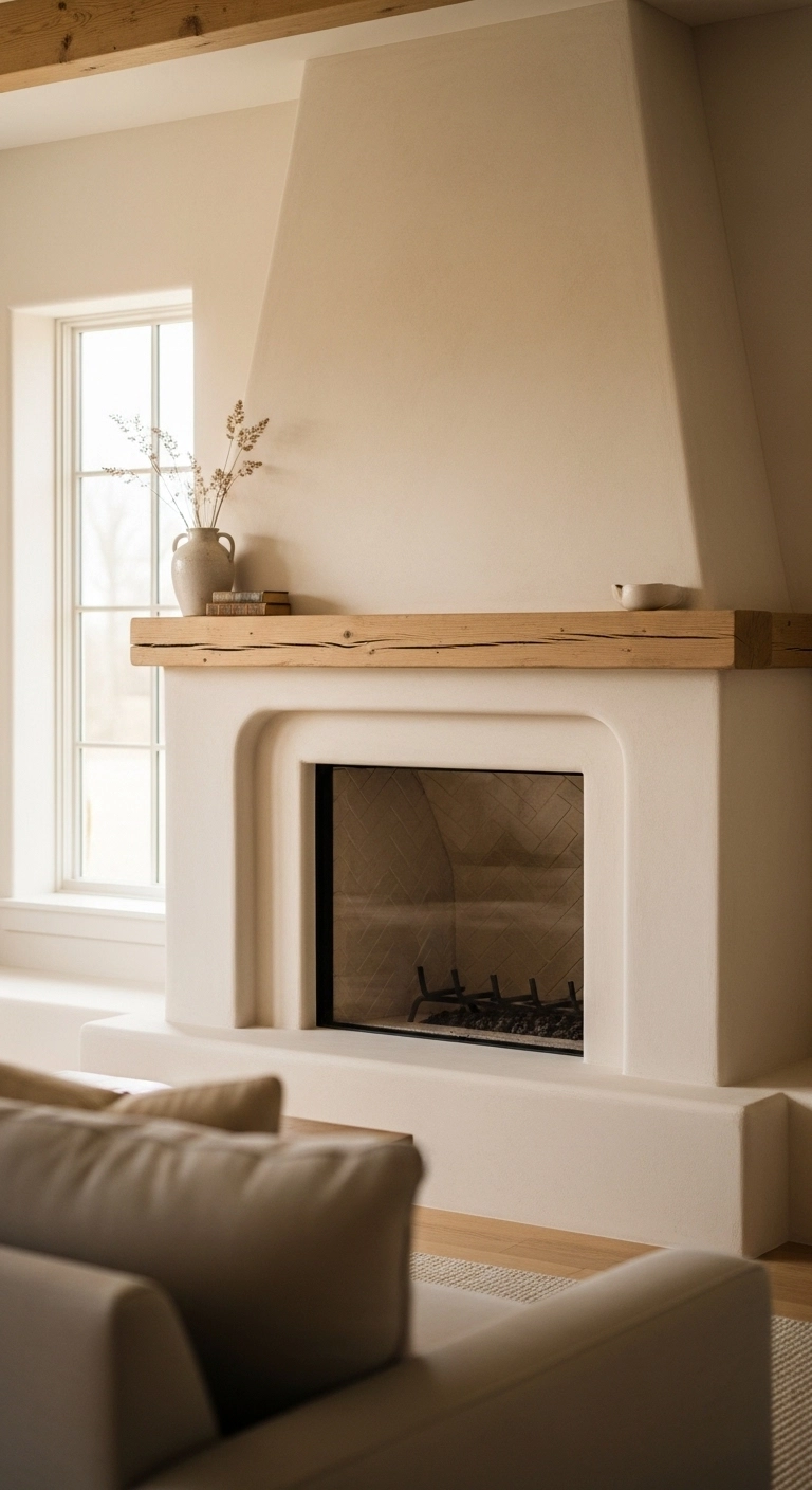 Modern farmhouse fireplace ideas with soft plaster surround