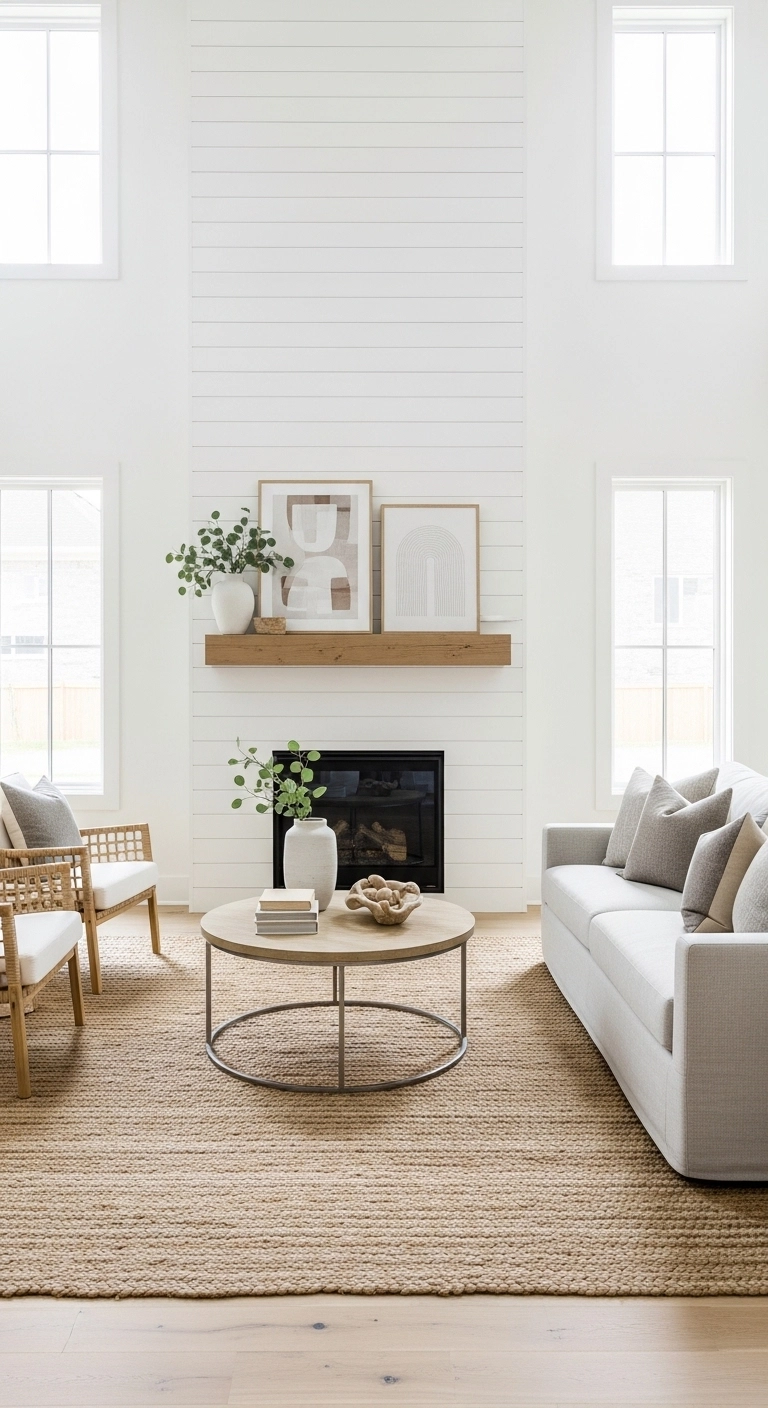 Modern farmhouse fireplace ideas with floor-to-ceiling shiplap wall
