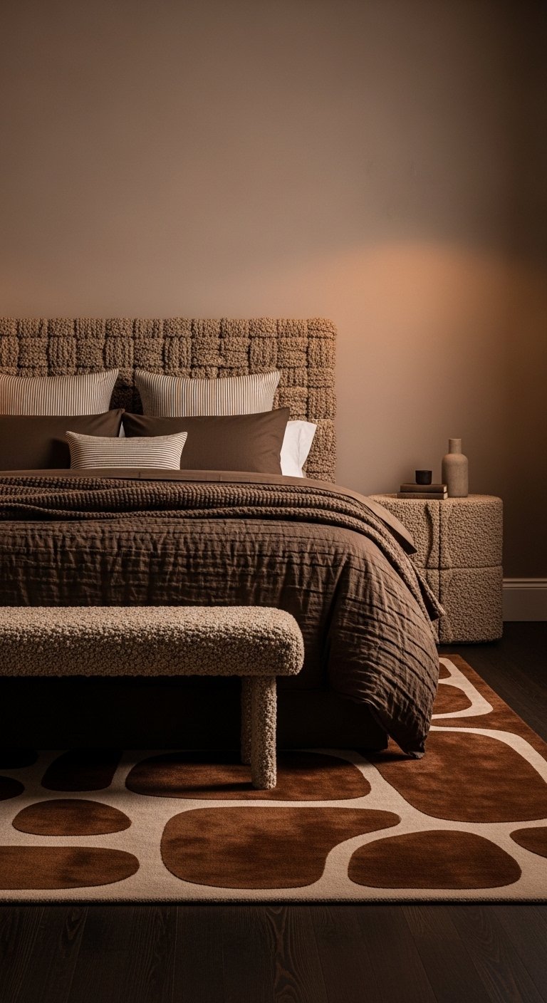 Brown bedroom ideas with textured layers, woven headboard, and warm tones
