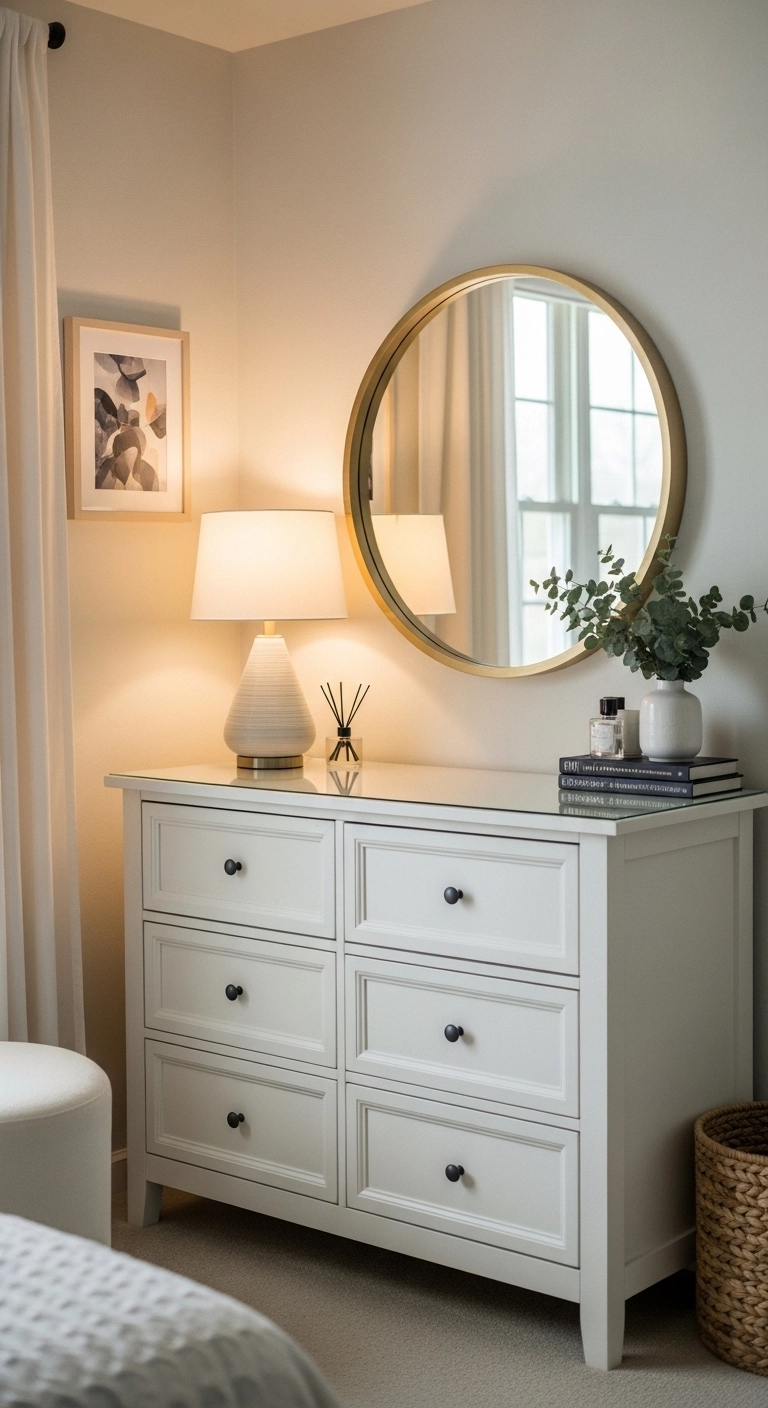 bedroom lighting ideas for a dresser and vanity area with soft lamp light