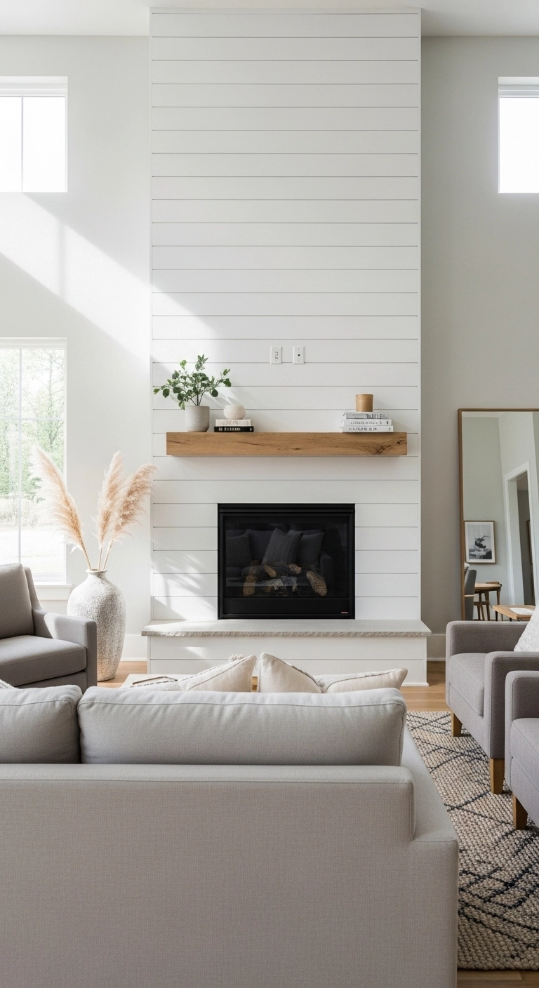 Modern farmhouse fireplace ideas with vertical shiplap fireplace